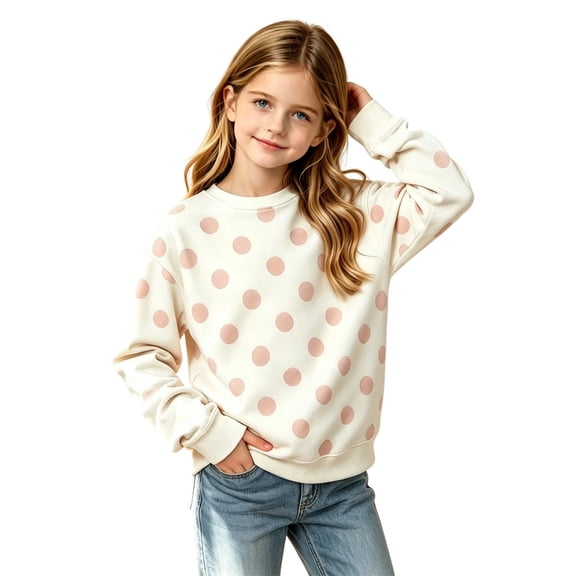 Girls Contrast Polka Dot Print Crewneck Sweatshirt, Long Sleeve Loose Pullover Top for Big Kids, Cute Classic Dotted Casual Sweatshirt Daily School Wear(White4,2-3 Years)