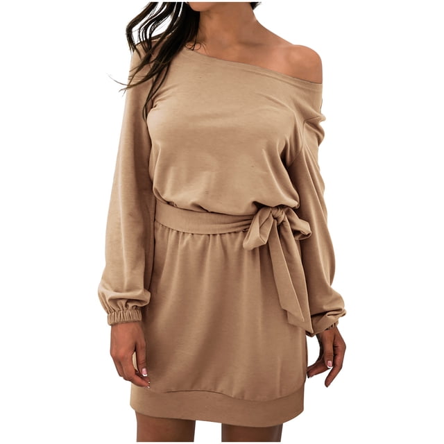 Moda mujer Casual sólido manga larga cuello sesgado vestido otoño vendaje Pullver vestido Pompotops hdfakjf9065