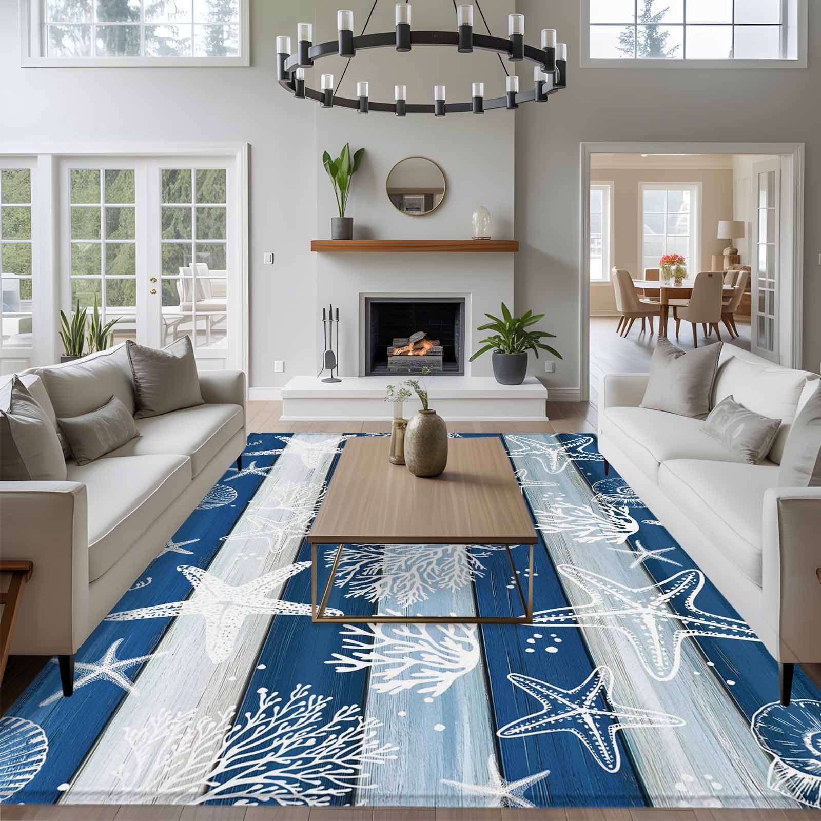 Large Area Rugs for Living Room Bedroom, Navy Blue Coastal Beach 8'x10' Rug Washable Carpet Runner Indoor Outdoor, Nautical Starfish Coral Vintage Wooden Non Slip Floor Mats Rug for Kitchen, Patio