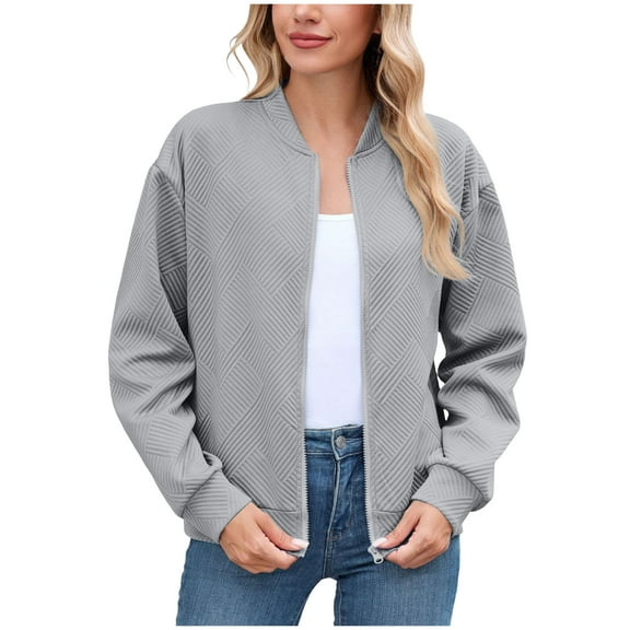felwors Womens Bomber Jacket Zip Up Casual Jackets Lightweight Trendy Outerwear Coat with Pockets Grey, XL