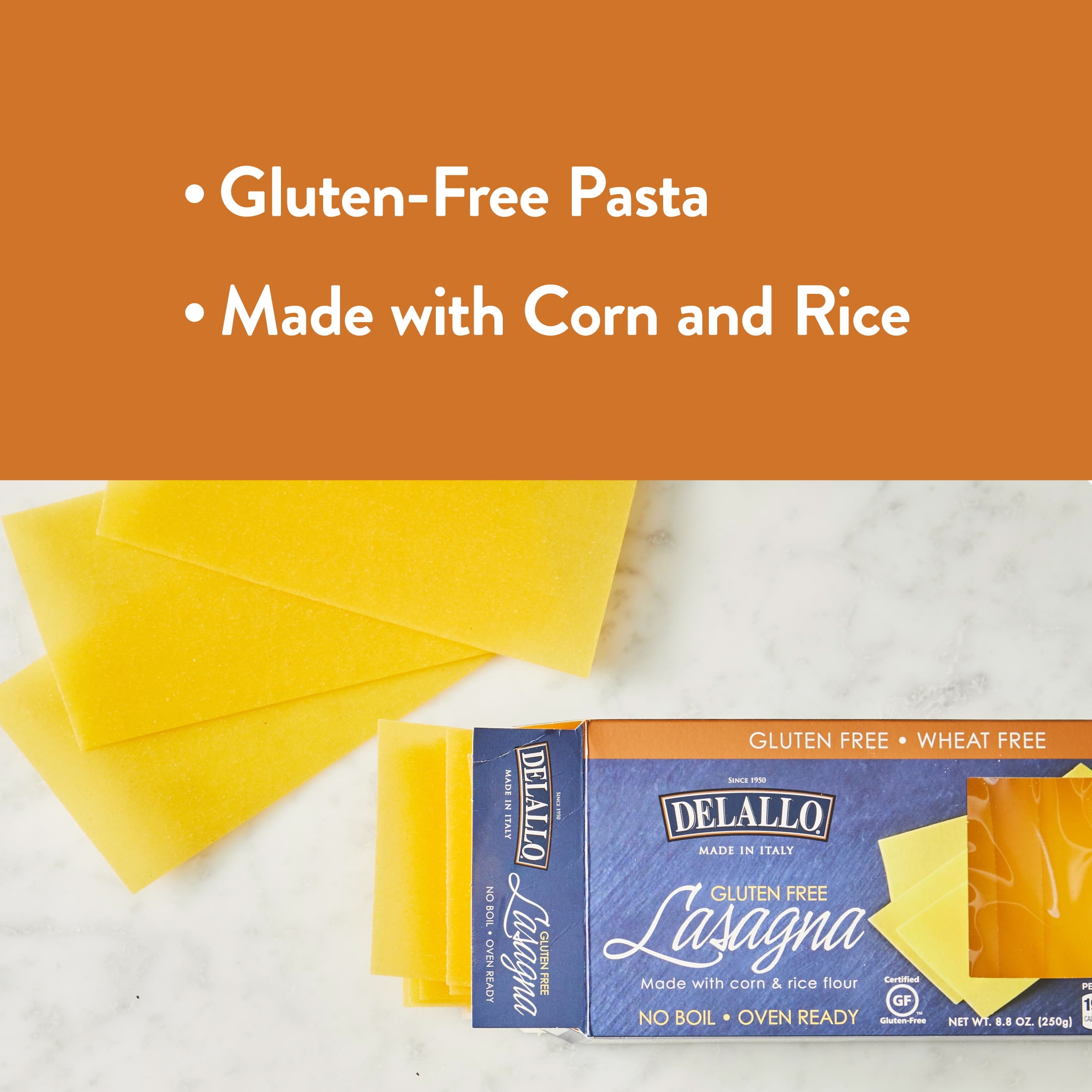 DeLallo Gluten Free Lasagna Noodles, No Boil, Oven Ready, Non-GMO, 8.8 oz Box, (10 Pack)