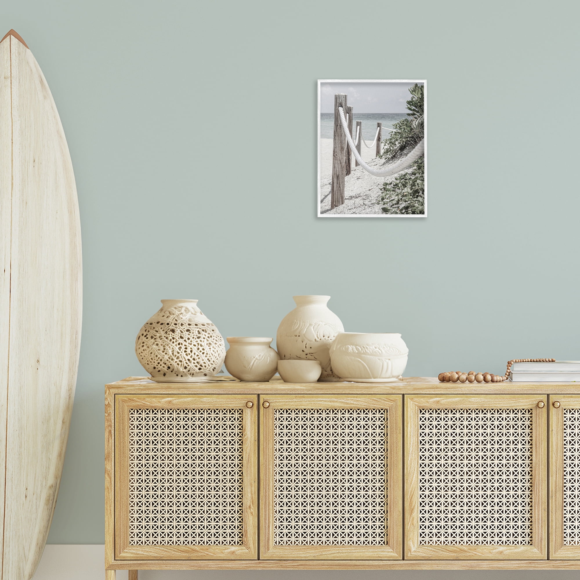 Stupell Industries Rope Fence Beach Landscape Photography White Framed Art Print Wall Art, 16 x 20