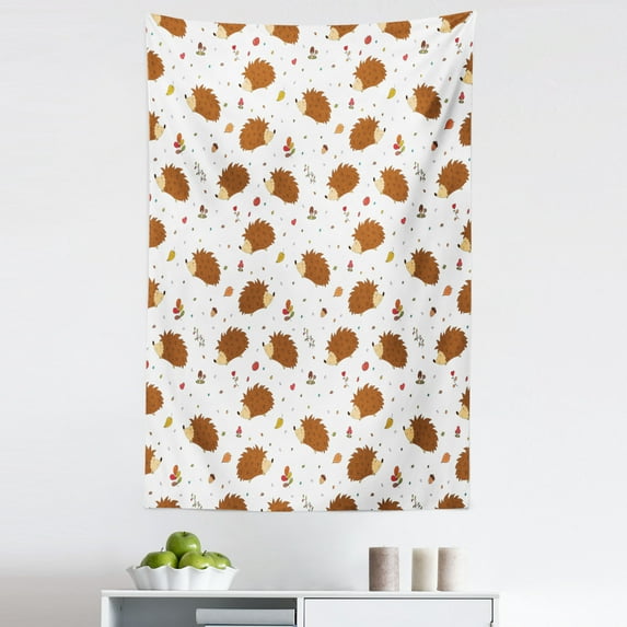 Hedgehog Tapestry, Love of Nature Theme Nuts Leaves Mushrooms and Playful Woodland Animal Composition, Fabric Wall Hanging Decor for Bedroom Living Room Dorm, 5 Sizes, Multicolor, by Ambesonne