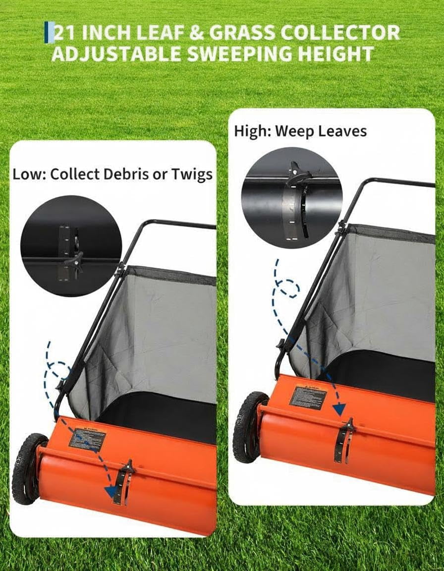Accreate 21-Inch Lawn Sweeper With Push Design, 7 Cu. Ft. Capacity Bag, 4 Spinning Brushes, Adjustable Height, And Sturdy Steel Frame With Rubber Wheels For Leaves, Grass, And Yard Debris Collection