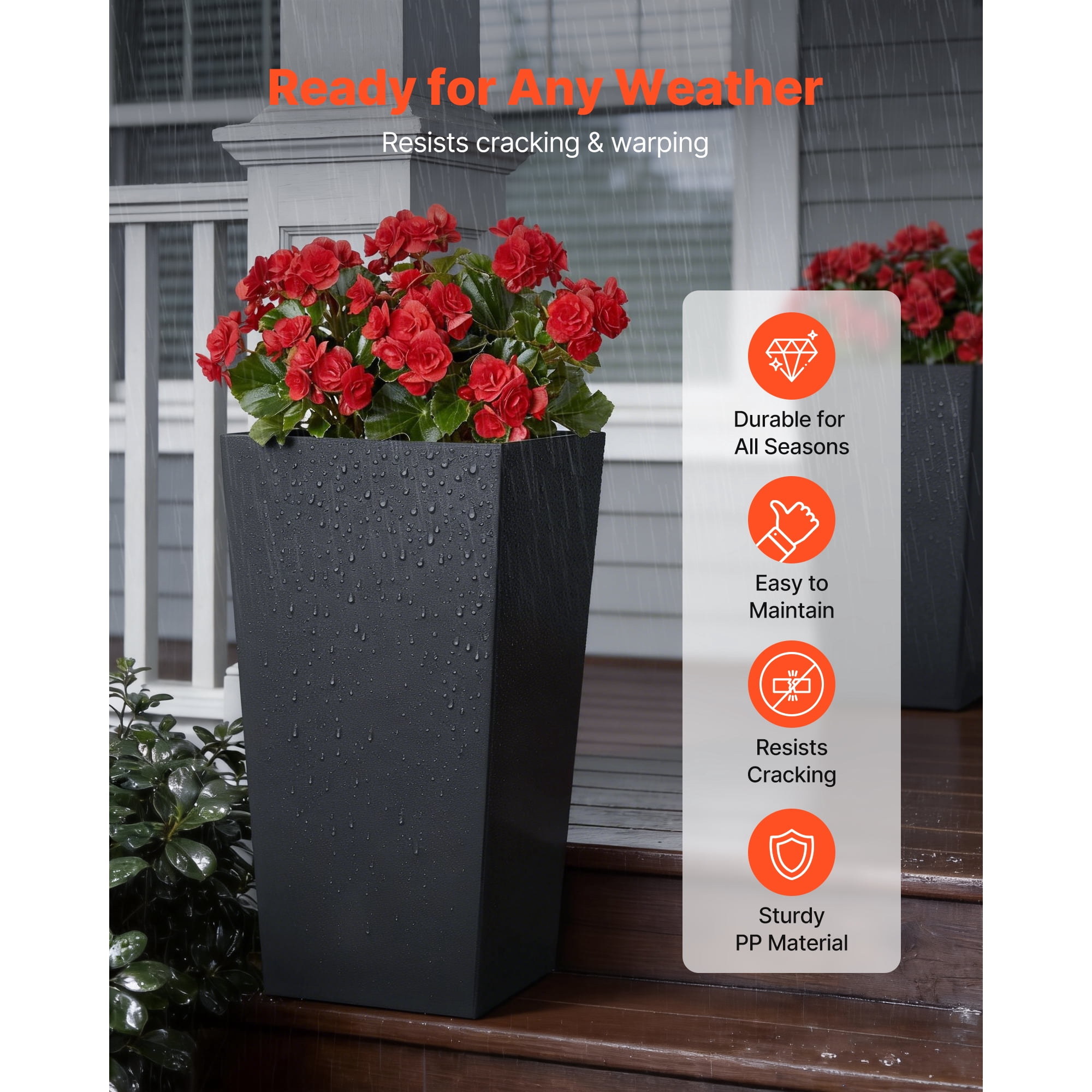 KFFKFF Set of 2 Tall Planters, 30in Large Tapered Pots for Indoor and Outdoor Plants, Modern Plastic Flower Containers with Wheels, Inner Pot, and Drainage Holes for Patio, Garden, Black