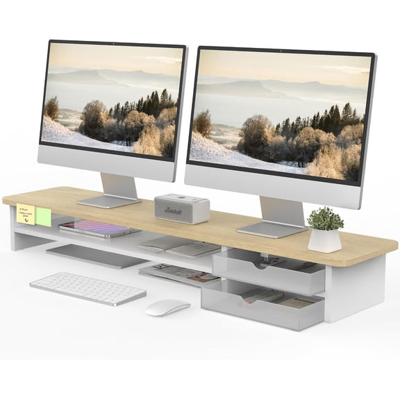 Monitor Stand, Dual Monitor Riser, 42.5inch Large Desk Computer Monitor Stand Riser with Drawer, 2 Tier Wood & Acrylic Desktop Organizer for Computer, Laptop, Printer, TV Screen Riser