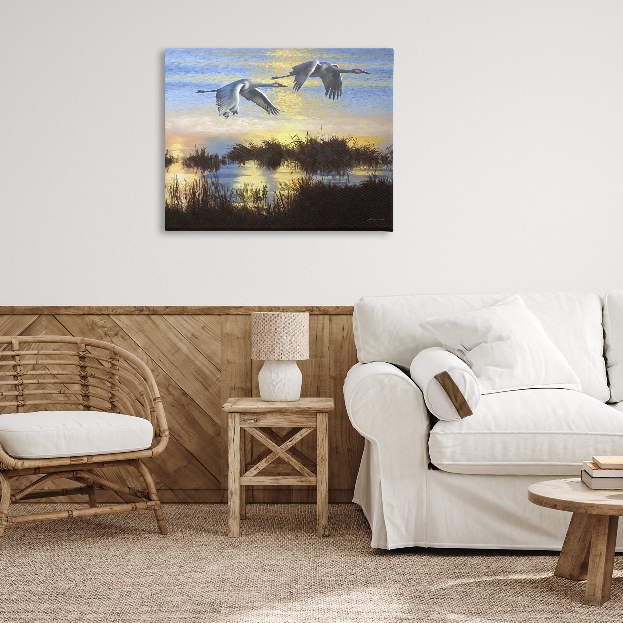 Stupell Industries Two Cranes Over Lake Landscape Painting Gallery Wrapped Canvas Art Print Wall Art, 40 x 30