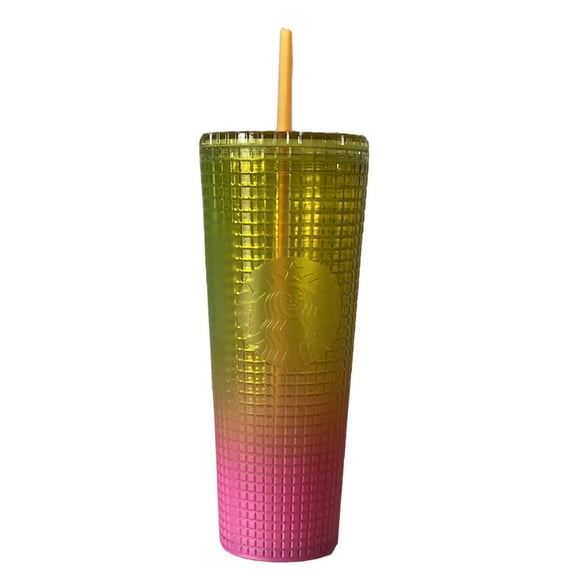 NEW Starbucks 2022 Lemon Yellow Pink Gradient Ombre Grid 24oz Venti Tumbler