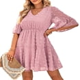 thumbnail image 2 of Femmes Midi Robe Manches Courtes V Cou Jacquard Solide Robe d'Été, 2 of 9