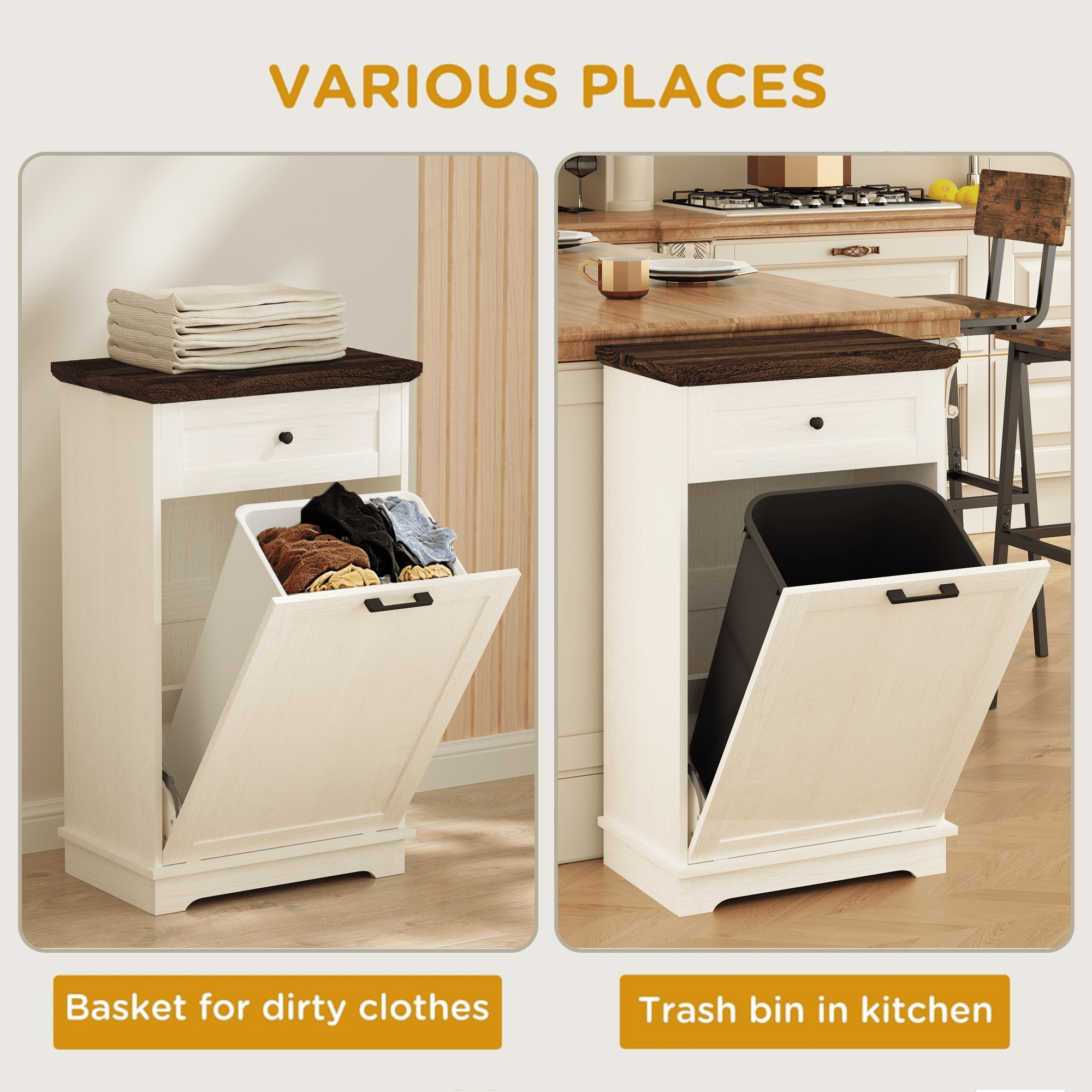 Leumius Tilt Out Trash Cabinet,10 Gallon Freestanding Trash Bin Cabinet with Drawer,Wood Garbage Recycling Cabinet for Kitchen Living Room,White
