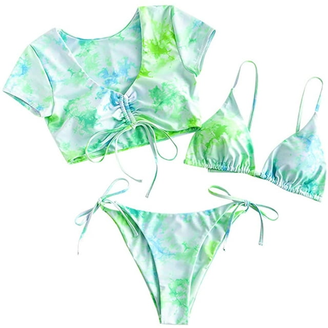 Women's Tie Dye Cinched String Triangle Bikini Set Low Waisted Swimsuit
