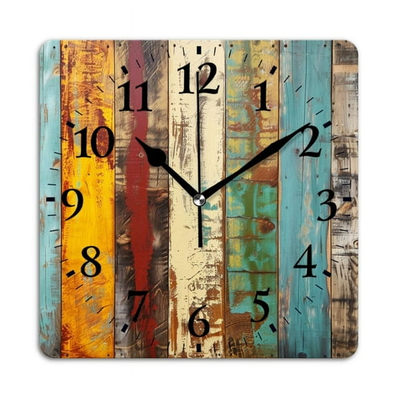 Square Wall Clock,Colorful Wooden Wall With Different Textures And Colors,Silent Non-Ticking Wall Clock Decor for Home Office Kitchen Living Room Bedroom(10inch)