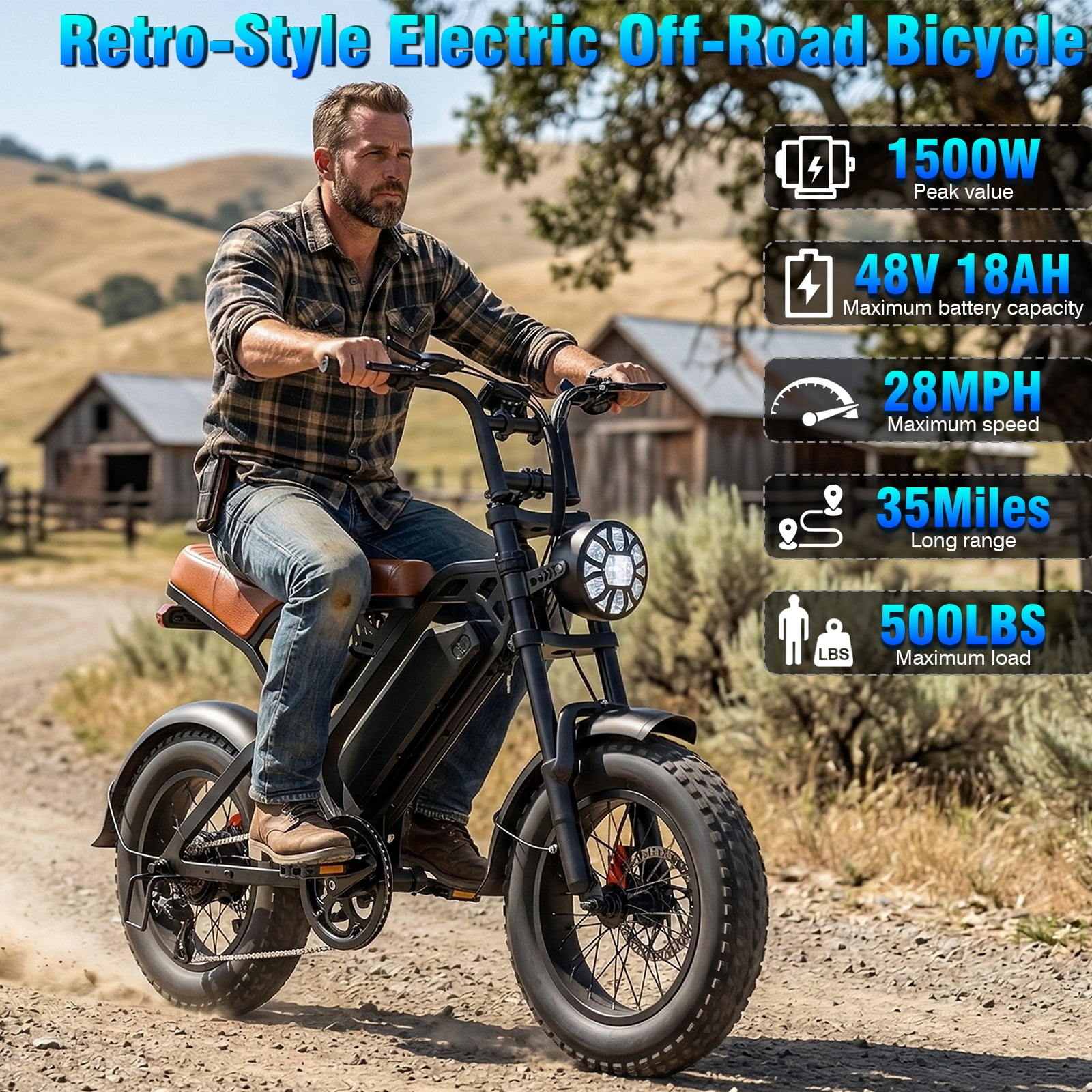 1500W Off-Road Electric Bike for Adults, 48V 18AH Removable Battery, 16" Wide Tires, 5-Speed Transmission, Dual Disc Brakes & Spring Suspension
