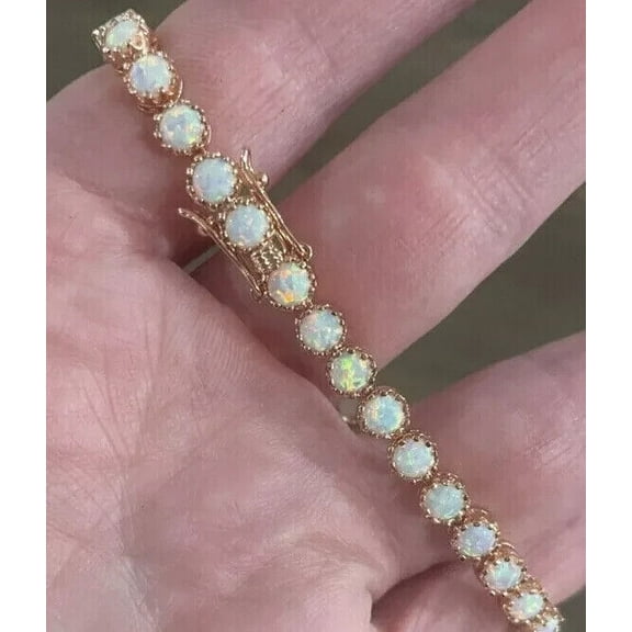 TAAPSEE JEWELS 8Ct Round Lab Created Fire Opal Tennis Bracelet 14K Yellow Gold Finish