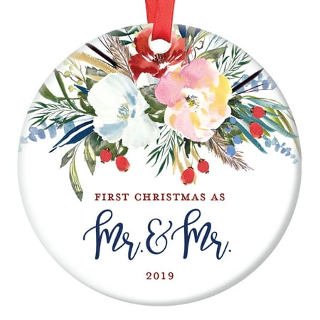 Gay Newlyweds Gift, Christmas Ornament 2019, First Christmas as Mr and Mr, Xmas Married Men Couple Gift Him, Floral Wreath Ceramic 3