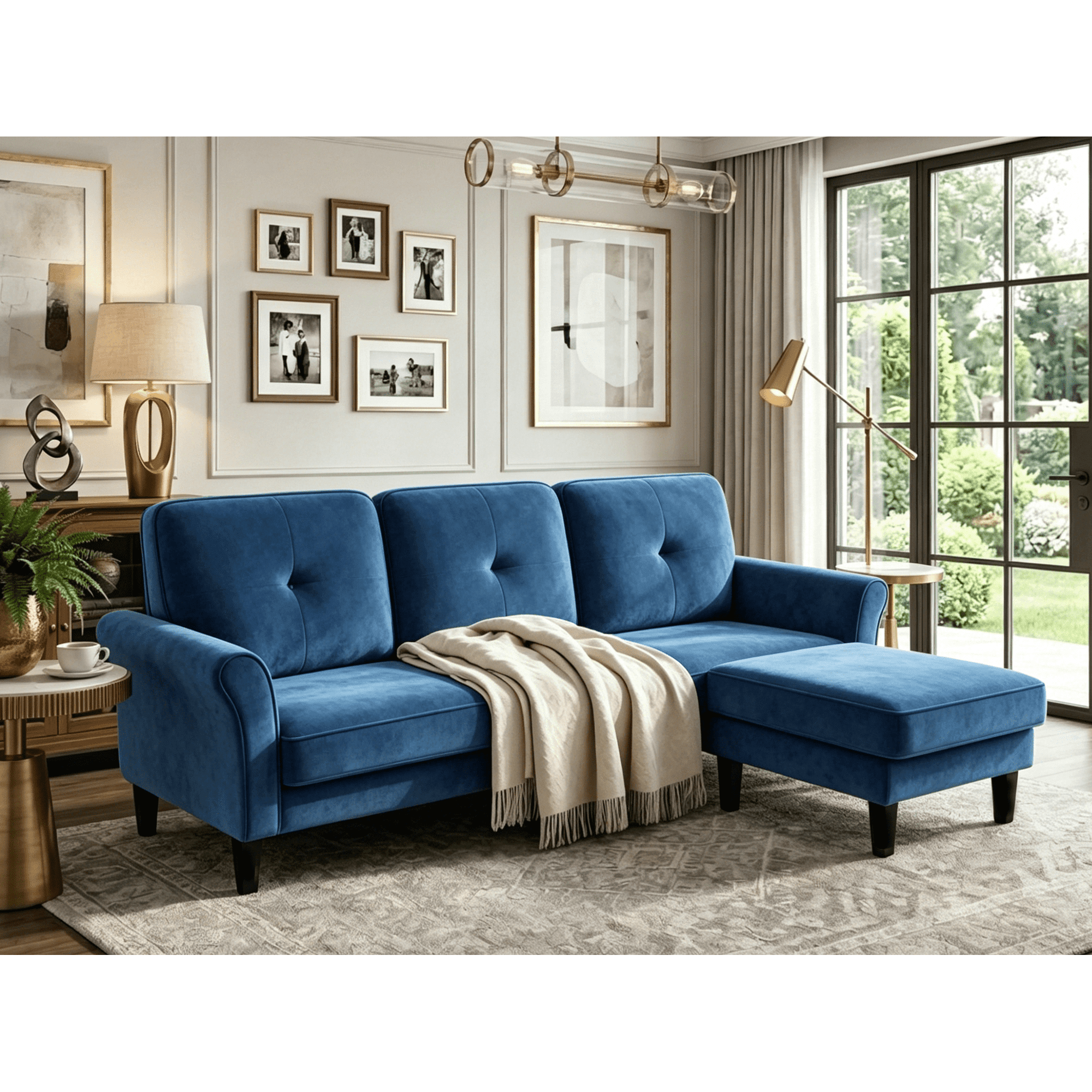 Welzona 83” L Shaped Velvet Sectional Sofa with Ottoman, Modern 3-Seater Small Couch, Solid Wood Frame 800lbs Capacity Living Room Sofa for Apartment Office Bedroom, Blue