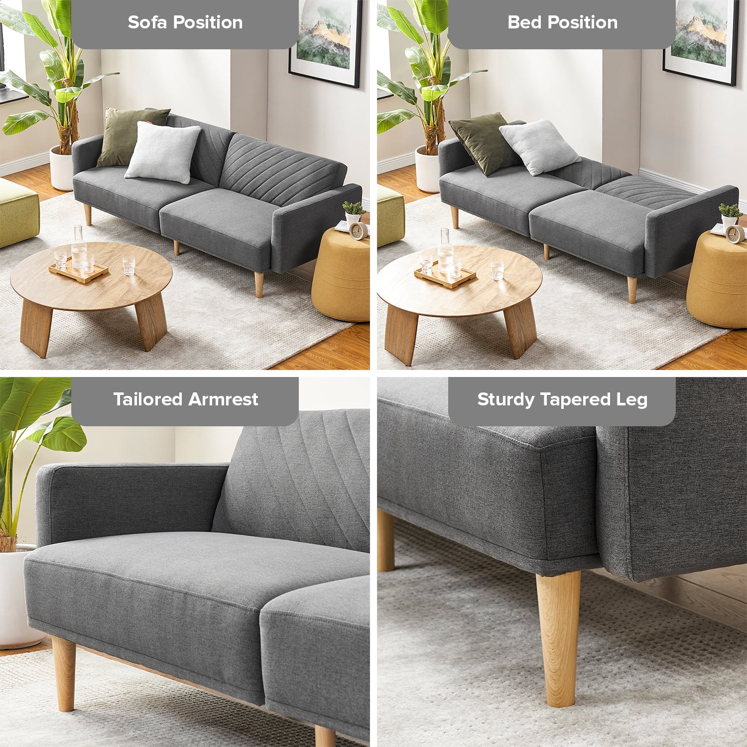 Mopio Chloe Futon Sofa Bed Convertible Sleeper Sofa with Tapered Legs Dark Gray 7.56" (W) x 38.6" (D) x 22.8" (H)