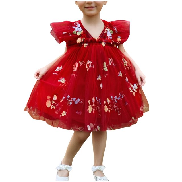 Yanlir Robe de Fête Sans Manches en Dentelle à Volants pour Filles, Robe d'Été Brodée avec Nœud, Tenue de Mode à Col Rond pour Événements Spéciaux (Rouge, 4 Ans)