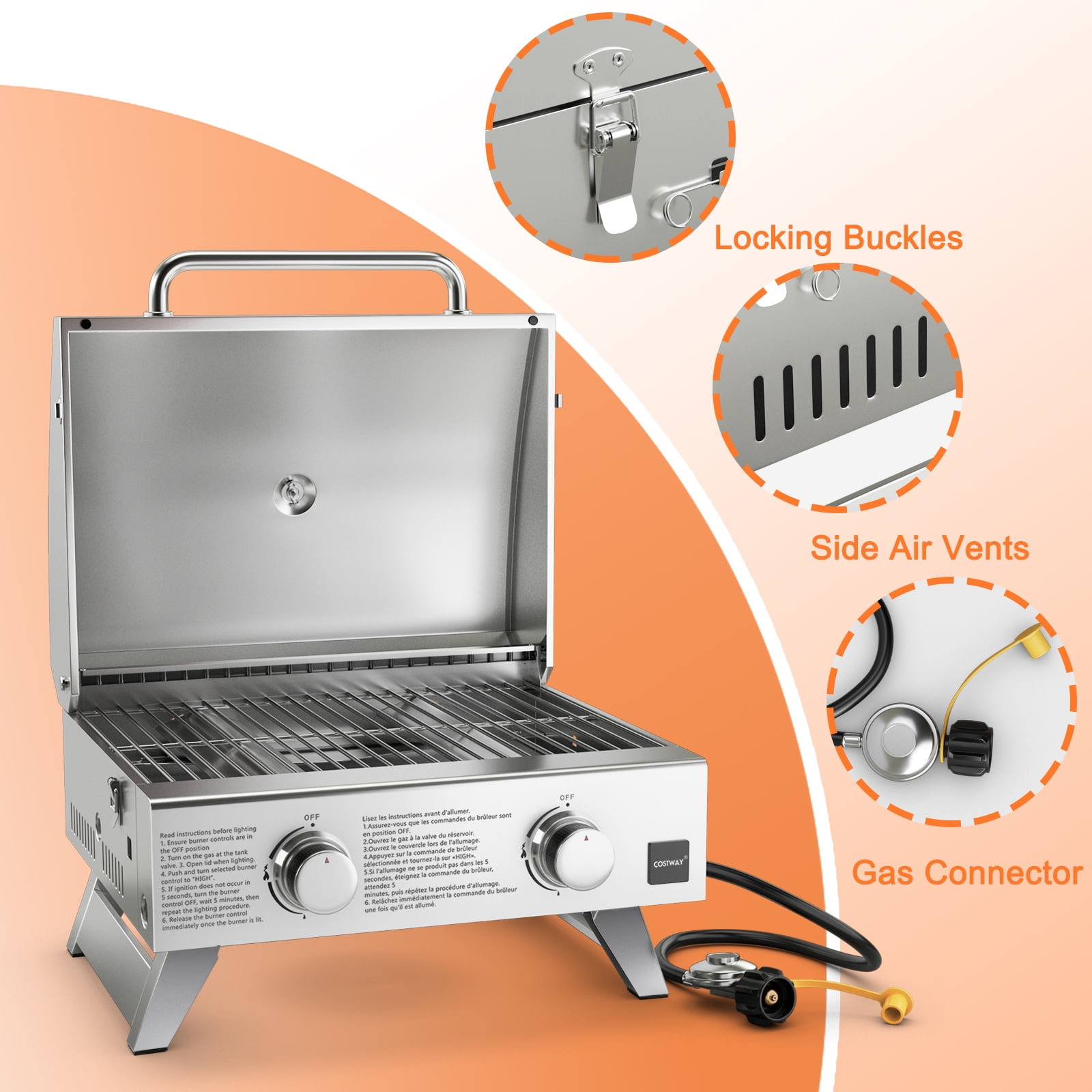 Topbuy 2-Burner Silver Propane Gas Grill with Lid and Handle Top Thermometer