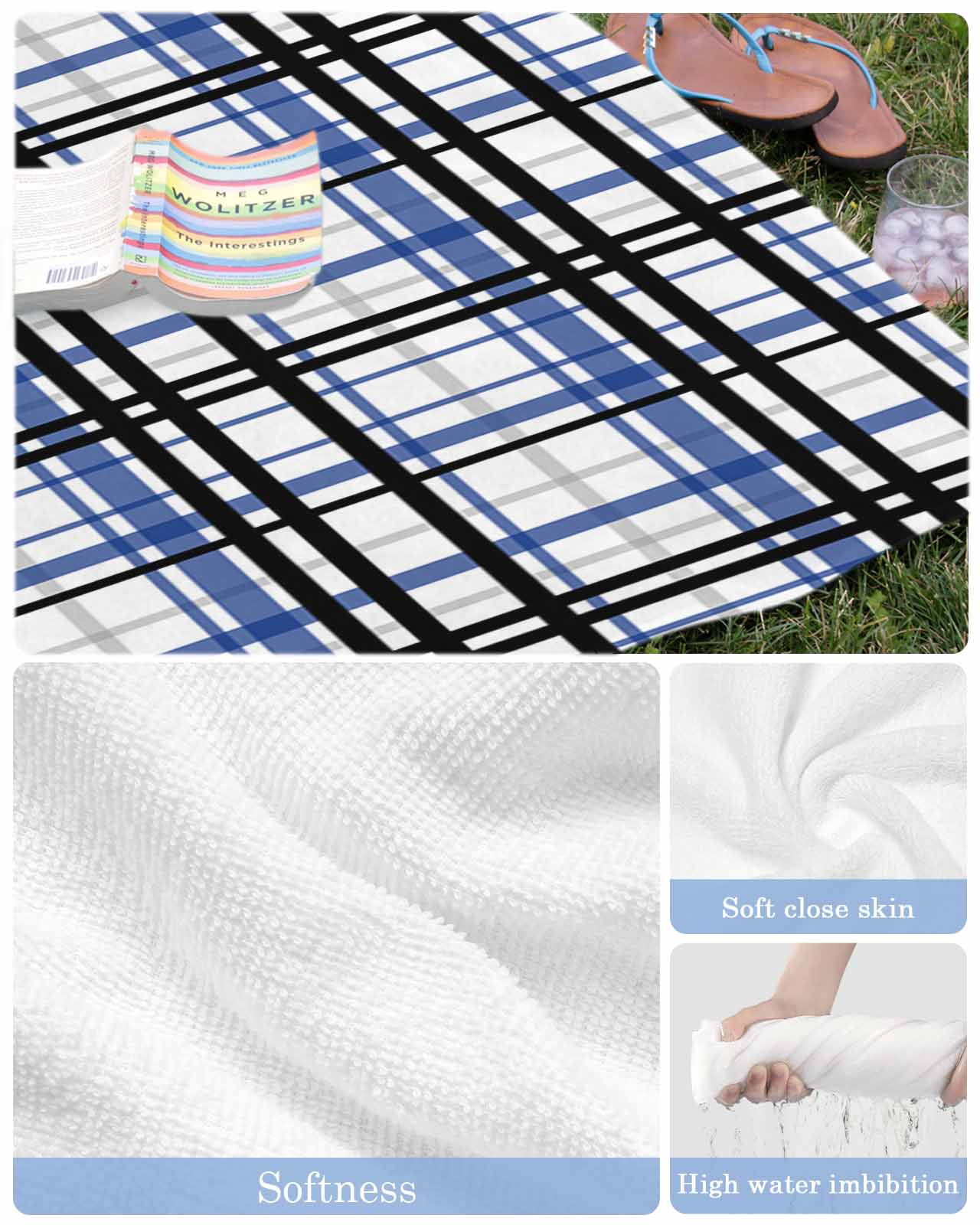 Blue Black Plaid Beach Towels Oversized Super Absorbent, Farmhouse Blue Black Checkered Lightweight Bath Towel Quick Dry Sets For Bathroom/Pool/Rv Camping/Beach Play/Gym Room/Picnic 30"x60"