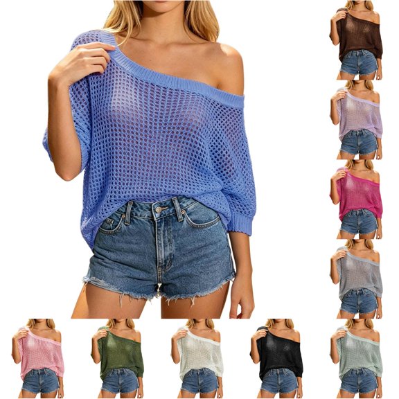 Rhuody Womens Tops Round Neck T Shirt Short Sleeve Solid Color Off Shoulder Hollow Out Loose Fit Tee Durable Wear S Blue