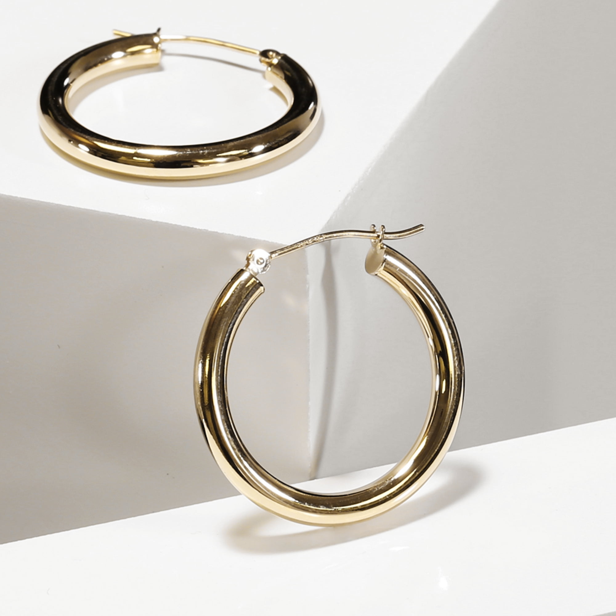 Tilo Jewelry 14K Yellow Gold Classic Polished Round Chunky Hoop Earrings 3mm Tube (25mm) for Women & Unisex