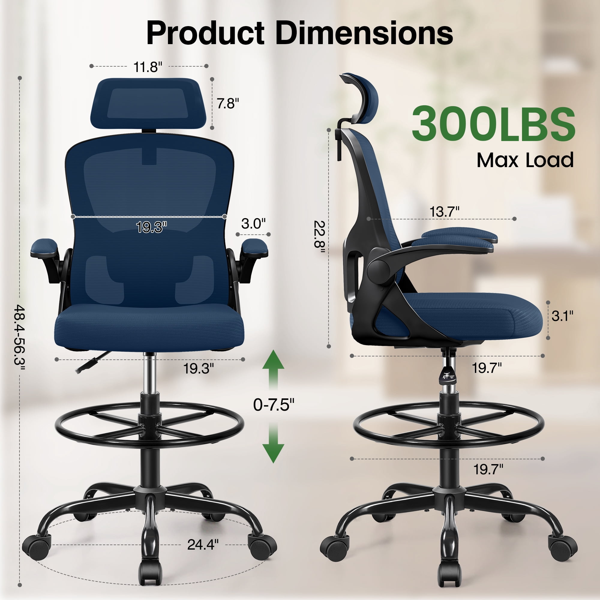 ATHOPE Office Chair Ergonomic Desk Chairs, Mesh Computer Chair with Headrest and Flip-up Arms, Adjustable Home Office Desk Chair with Lumbar Support Footrest Ring for Standing Desk, Navy Blue