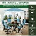thumbnail image 3 of Hanover Monaco 7-Piece Outdoor High Dining Patio Set, 6 Counter-Height Padded Sling Swivel Chairs, 56" Round Tile Table, 9' Umbrella, and Umbrella Base, Bronze Finish, Rust-Resistant, All-Weather, 3 of 9