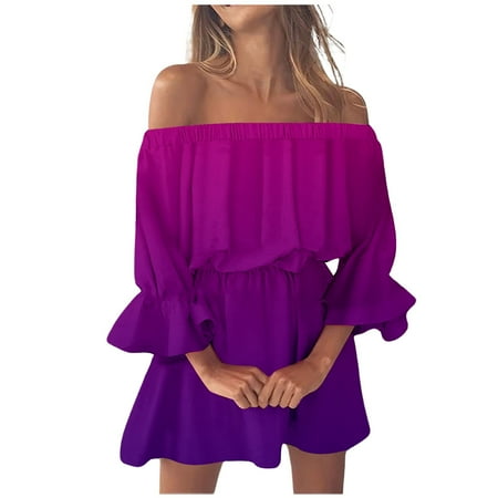QYZEU Casual Dresses for Women 2024 Short Sleeves Dresses for Women Beach Sexy Off Shoulder Tunic Loose Fit Bell Sleeve Striped Mini Dress Womens Mini Dresses Pink S