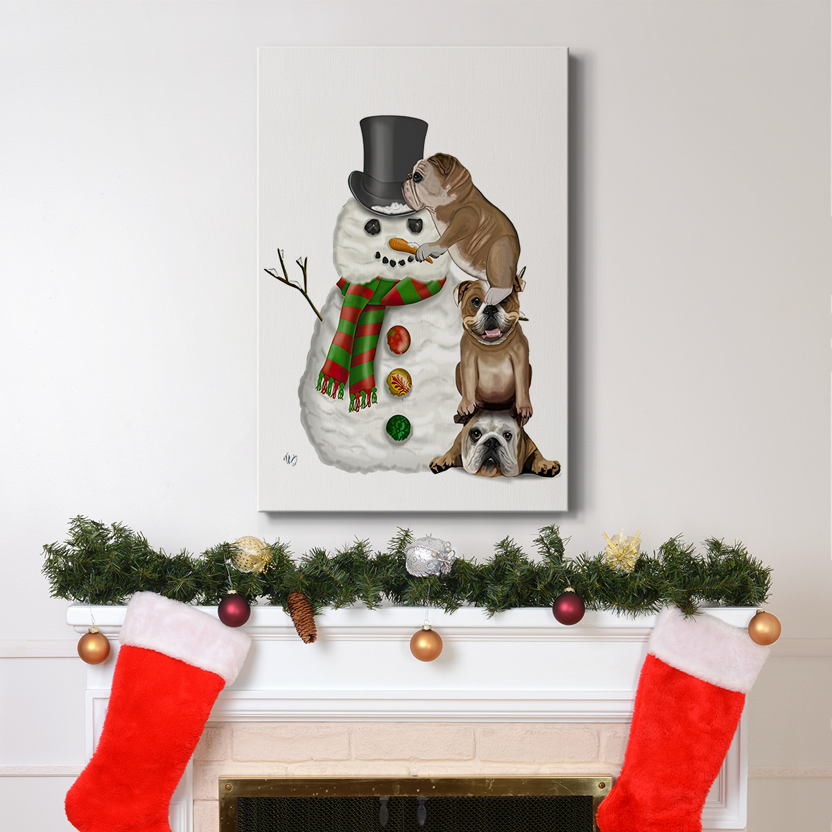 Christmas English Bulldogs Building Snowman- Gallery Wrapped Canvas