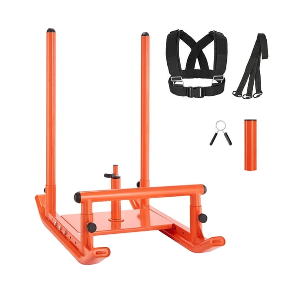 Fitness Strength Sled with Handle - Steel Power Push/Pull Sled for Speed Improvement, Holds 1/2" Weight Plates, Orange Design