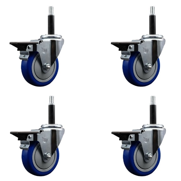 4 Inch Blue Poly Swivel 3/4 Inch Expanding Stem Caster Set with Brake SCC