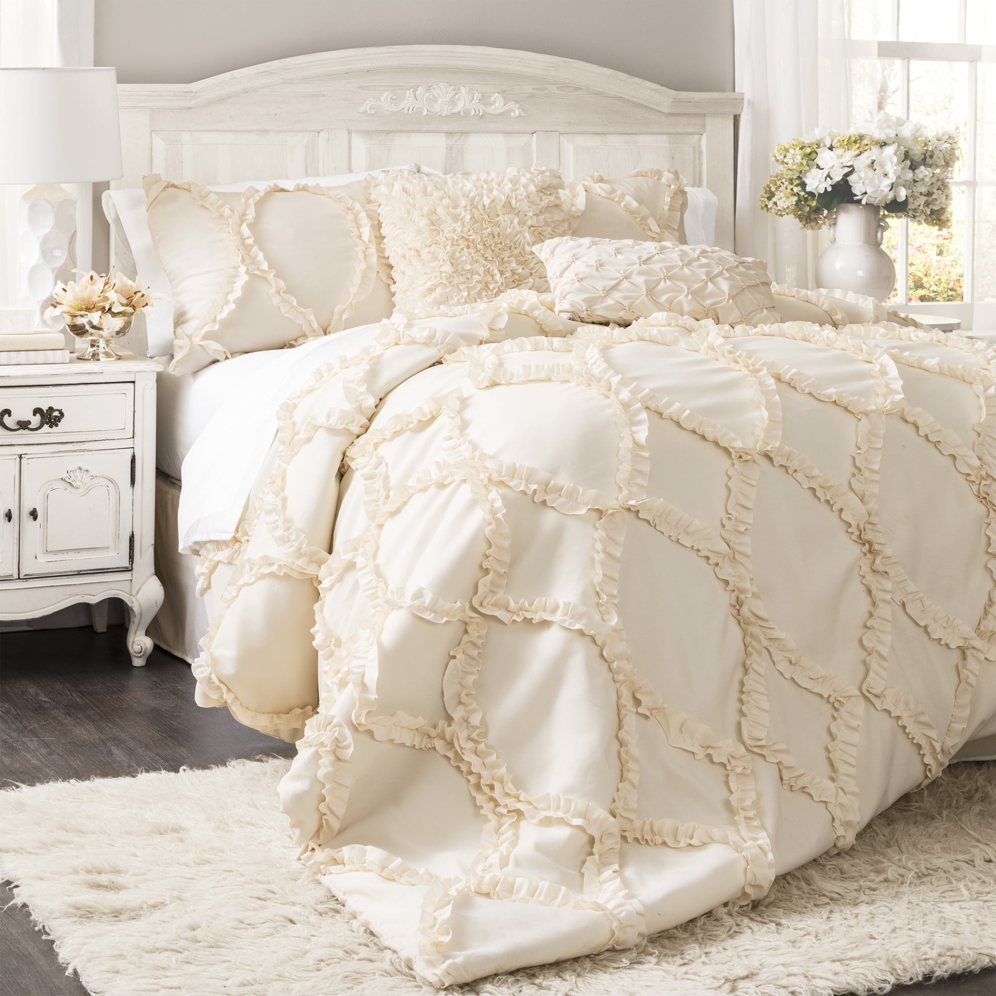 3 Piece Quilted Ruffled Sequin Bedspread Comforter Set Throw Double Super King 