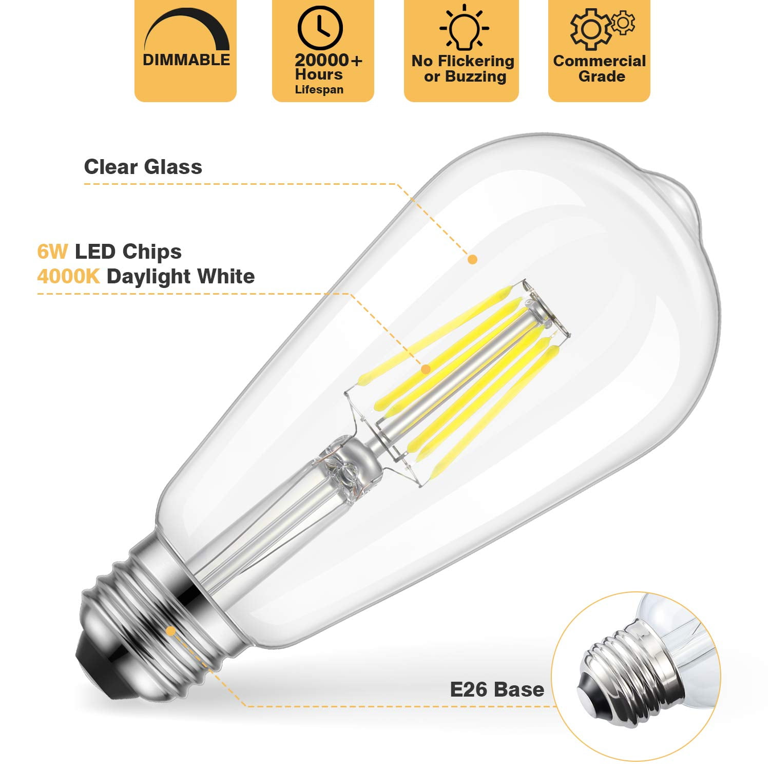 Filament E26 Base Lamp Kohree T10 Edison Led Bulb Daylight White 4000K 60W Equivalent Led Tubular Bulbs 6W Vintage Led Light Bulb Dimmable 3 Pack