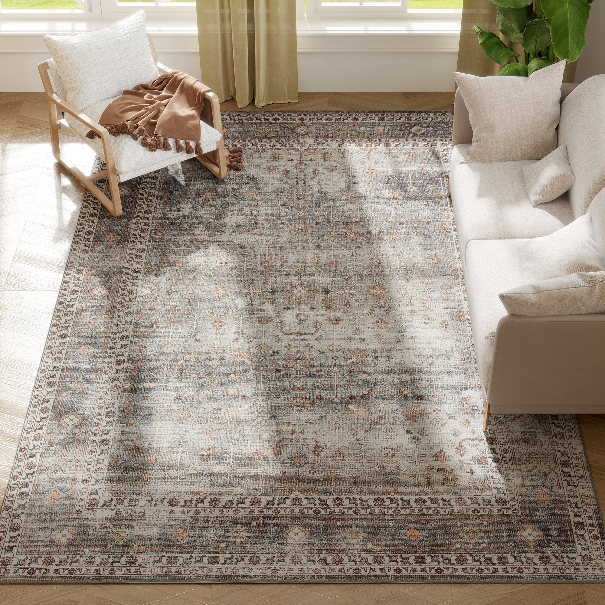 HOMCOM Machine Washable Area Rug 8x10, Non-Slip Chenille Traditional Floor Cover Foldable Carpet for Living Room, Bedroom, Dark Mixed-Brown