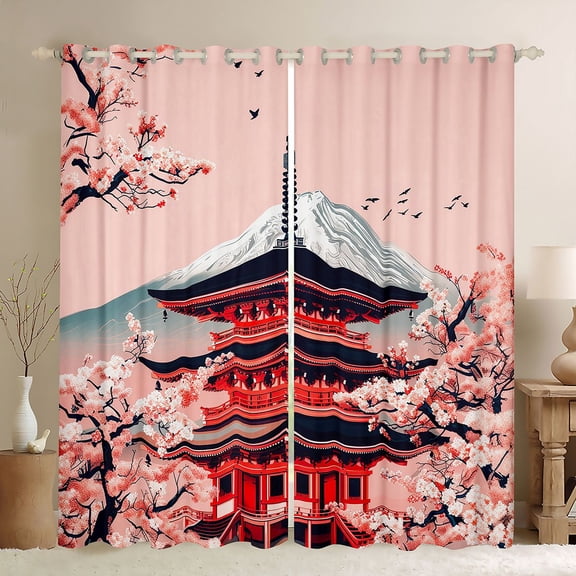 Homewish Japanese Ukiyo-E Black Out Curtains,Pink Sakura Curtains Pack of 2 (42x63 Each),Classic Japan Architecture Bedroom Curtains For Girls Teens,Breathable Home Decor