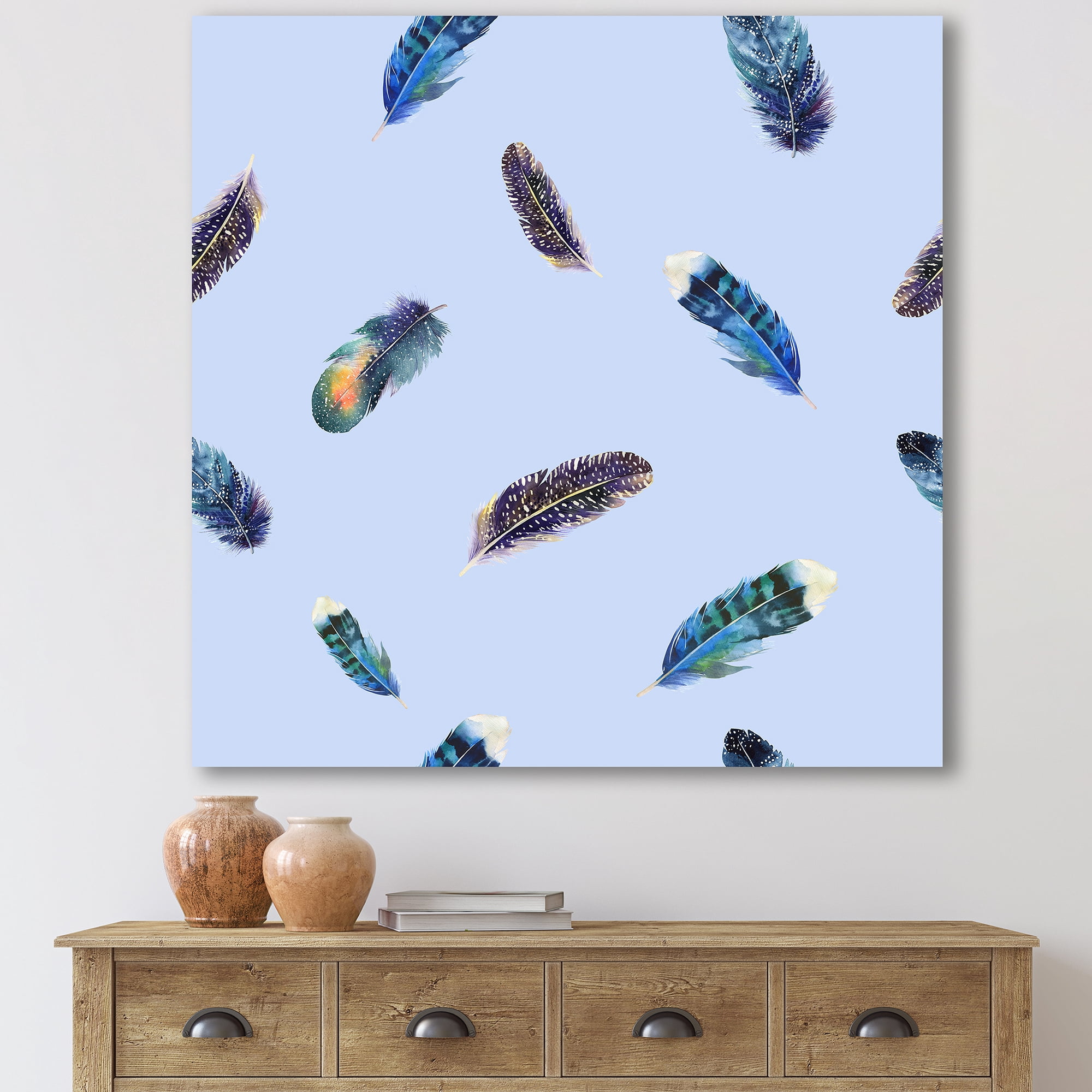 Designart ' Blue Feathers Boho Ethnic ' Bohemian & Eclectic Canvas Wall Art Print