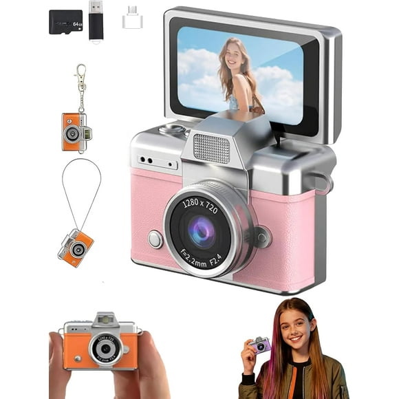 Mini Digital Camera with 1.47 in LCD Screen, 1080P Flip Screen Mini Camera with Built-in Flash & Flip Display, Free 64GB Memory Card, Portable Keychain Camera for Travel & Daily Use (Pink)