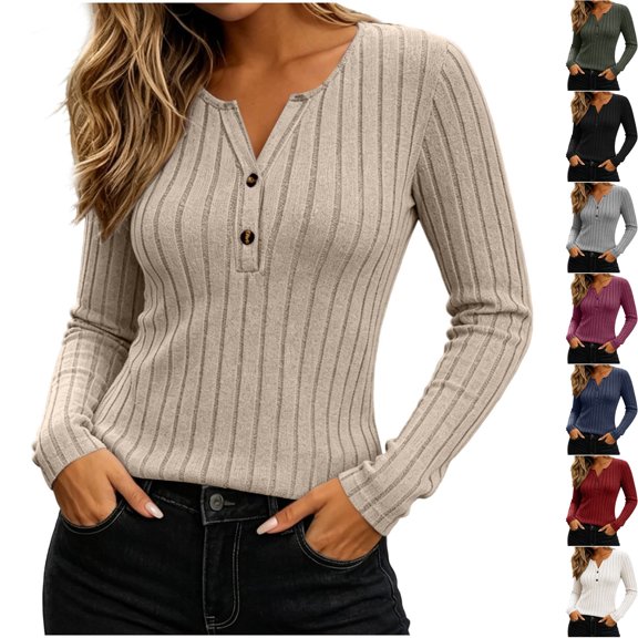 Womens Cozy Brushed Ribbed Knit Henley Long Sleeve Shirts Slim Fitted Tee V Neck Pullover Daily Casual Fall Clothes Y2K Everyday Wear, Khaki, XL