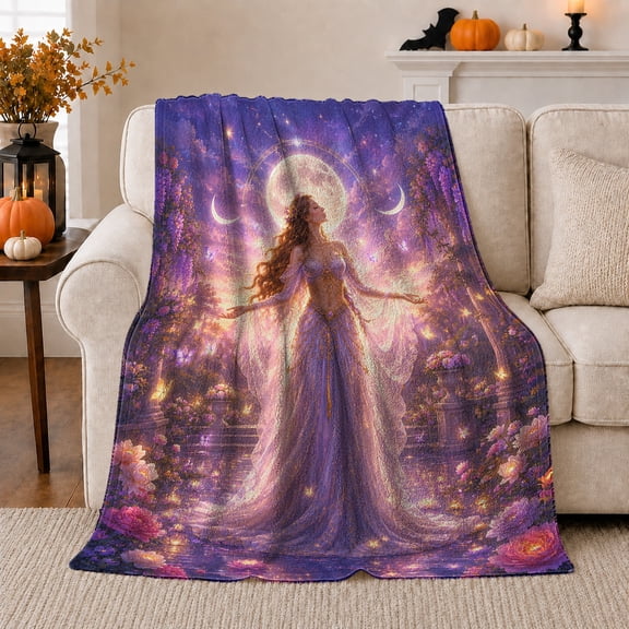 Enchanted Garden Celestial Figure Glowing, Mystical Celestial Art Scene, Warm Flannel Blanket for Sunroom and Reading Nook, Celestial Art Lovers Housewarming Gift, Fantasy Home Decor