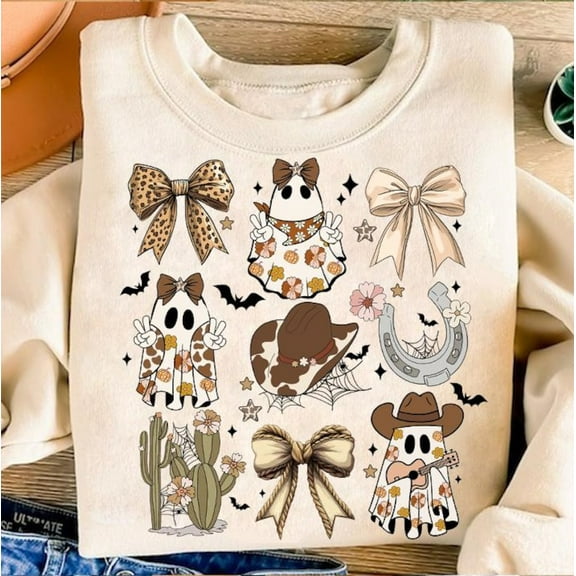 Howdy Halloween Cowboy Ghost Sweatshirt, Cute Boo Coquette Bow Pullover, Spooky Western Halloween Sweatshirt