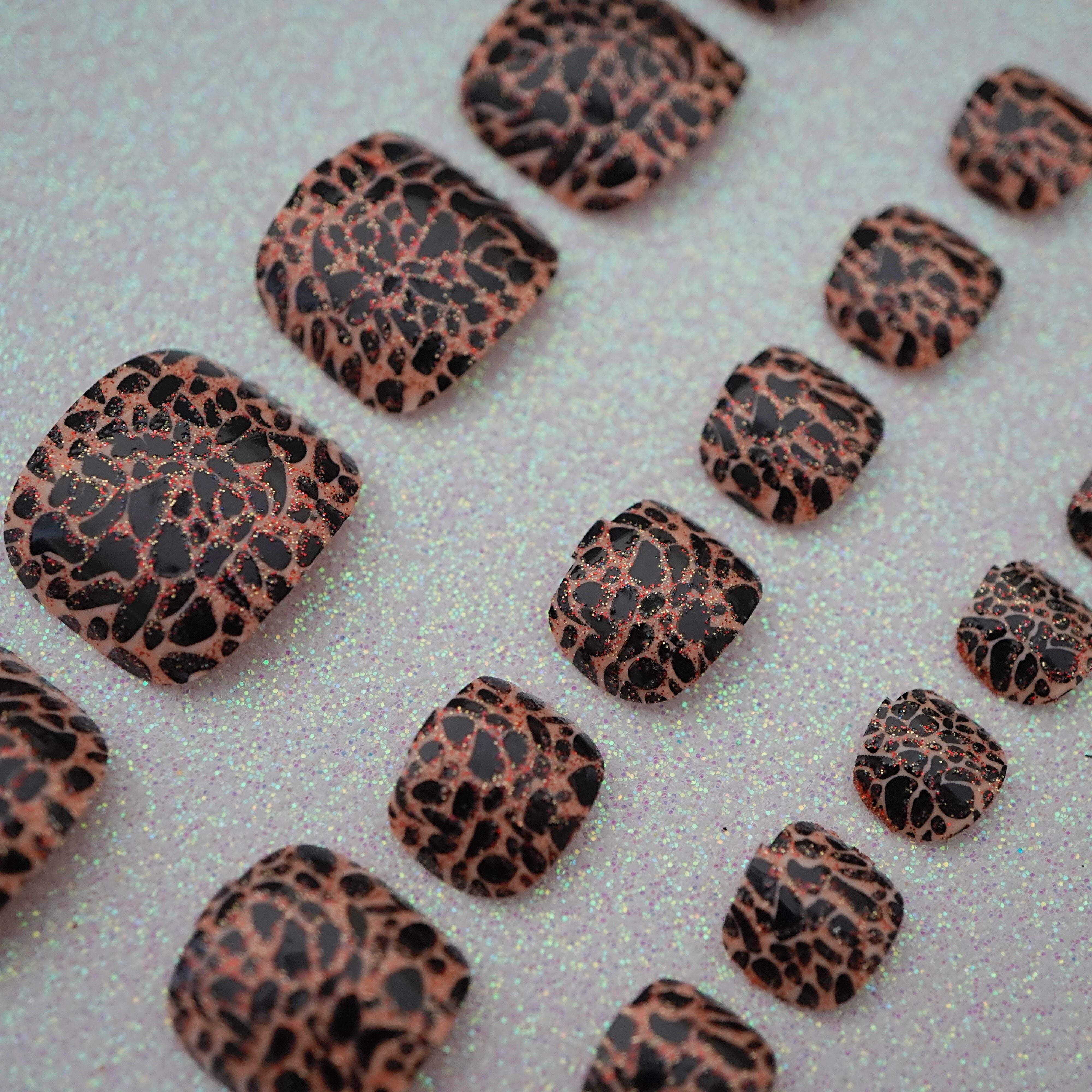 Brown Glitter Black Animal Print Press On Toe Nails, Glue On False Tips Fake Toenails Set