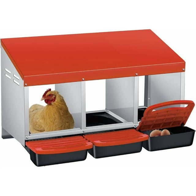 Ourlova 3/4-Hole Metal Chicken Nesting Box with Removable Roll-Out Tray – Easy Egg Collection & Cleaning, Galvanized Steel Laying Box for Backyard Coop & Poultry Farm