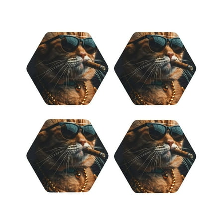 

Lukts Dapper Cat in Sunglasses Print Leather Drinks Coasters Set of 4 Suitable or Drinks Furniture Protection and Easy Clean up-Hexagon