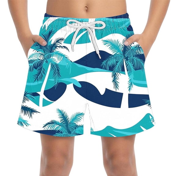 Edvintorg Boys Short Swim Trunks Summer Vacation Printed Elastic Waisted Beach Shorts with Drawstring Size 4-15