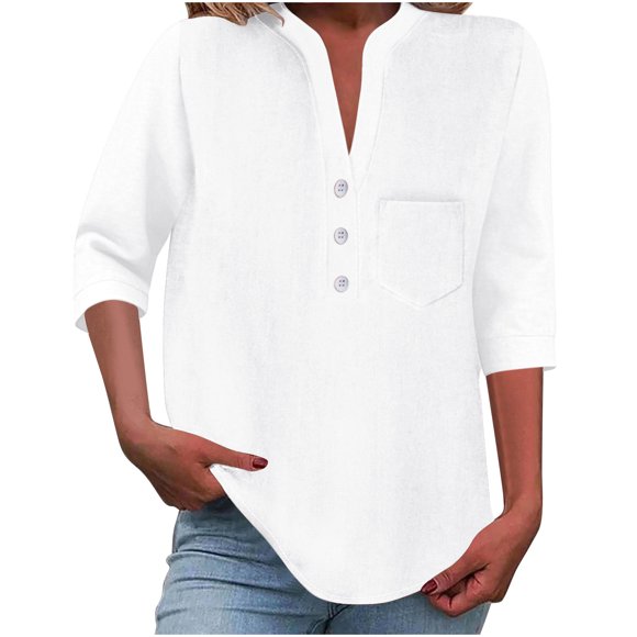 Lenpel Women's 3/4 Sleeve Tops V Neck Half Button Solid Color Business Casual Work Shirts Loose Tunic Blouses