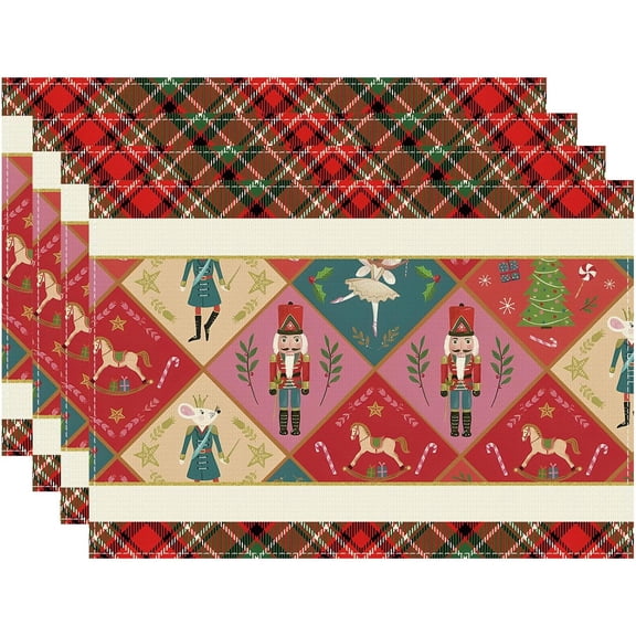 Colored Plaid The Nutcracker Tree Christmas Winter Xmas Cloth Placemats Set of 4 Table Mats Table Decorations 12x18 Inch