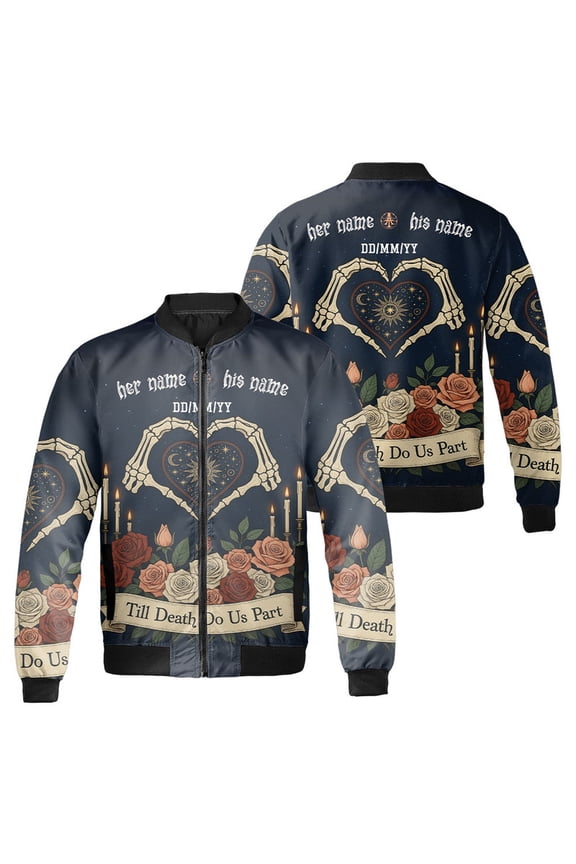 Personalized Gothic Couple Bomber Jacket Till Death Do Us Part Skeleton Heart Jacket Custom Romantic Skull Lover Gift Dark Aesthetic Halloween Coat