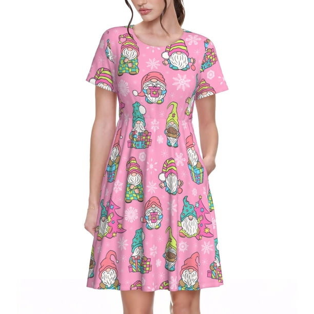 Easygdp pink Holiday Joy para Vestido Transpirable de Mujer, Vestido Suelto de Manga Corta con Pliegues y Bolsillos para el Verano