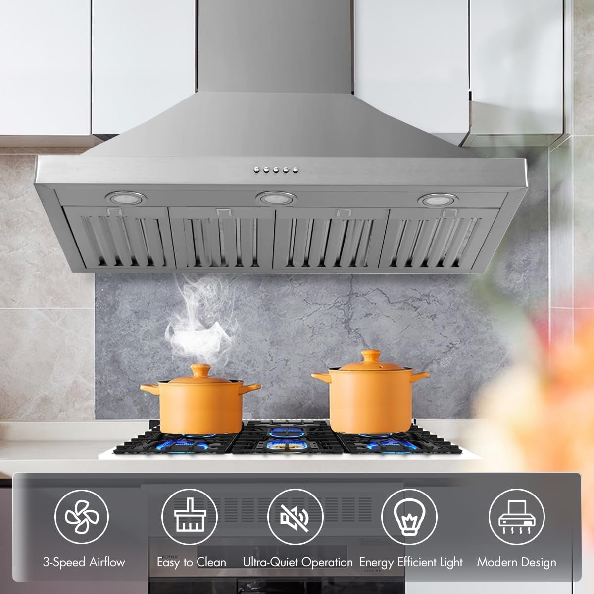 KYascend 48 inch Wall Mount Range Hood Vent Convertible Vent 800CFM Stainless Steel for Kitchen 3 Speed Exhaust Fan ETL listed (Wall Mount Range Hood)